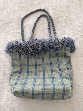 Handmade Reversible Blue & Green Plaid Fringe Tote Bag
